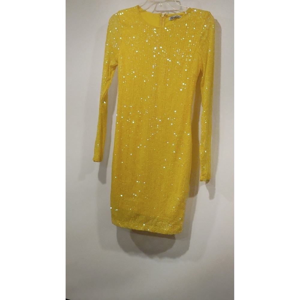 Stiletto's Sequin Bodycon Mini Dress Womens Small Yellow Excellent Long Sleeve - Picture 6 of 7